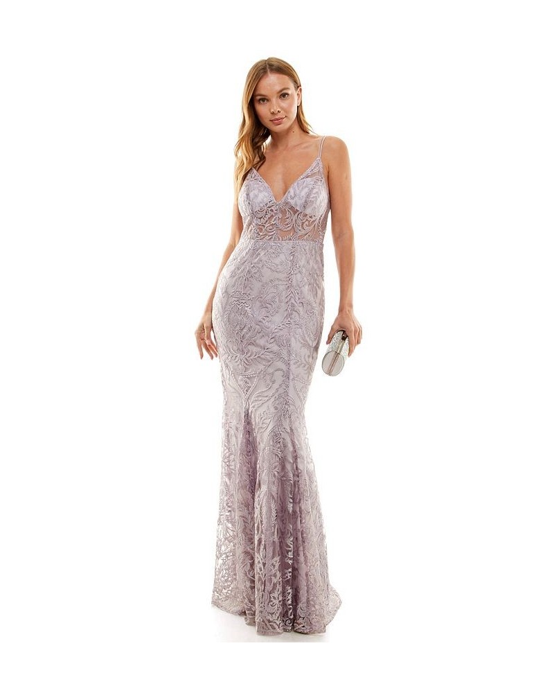 Juniors' Embroidered V-Neck Illusion Gown Mauve/Lavender $44.00 Dresses