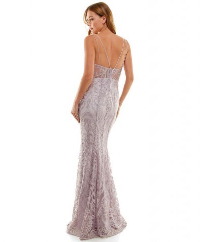 Juniors' Embroidered V-Neck Illusion Gown Mauve/Lavender $44.00 Dresses