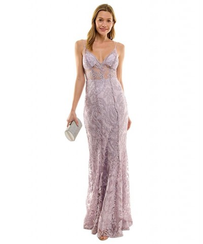 Juniors' Embroidered V-Neck Illusion Gown Mauve/Lavender $44.00 Dresses