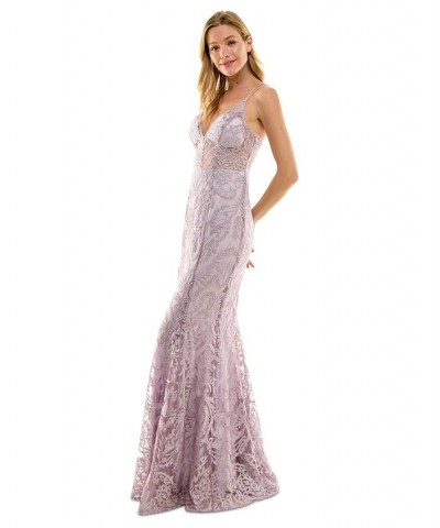 Juniors' Embroidered V-Neck Illusion Gown Mauve/Lavender $44.00 Dresses