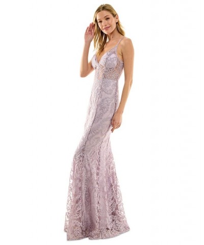 Juniors' Embroidered V-Neck Illusion Gown Mauve/Lavender $44.00 Dresses