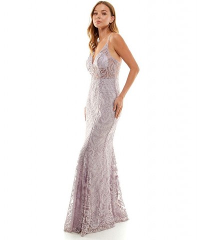 Juniors' Embroidered V-Neck Illusion Gown Mauve/Lavender $44.00 Dresses