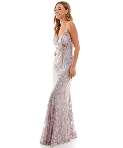 Juniors' Embroidered V-Neck Illusion Gown Mauve/Lavender $44.00 Dresses