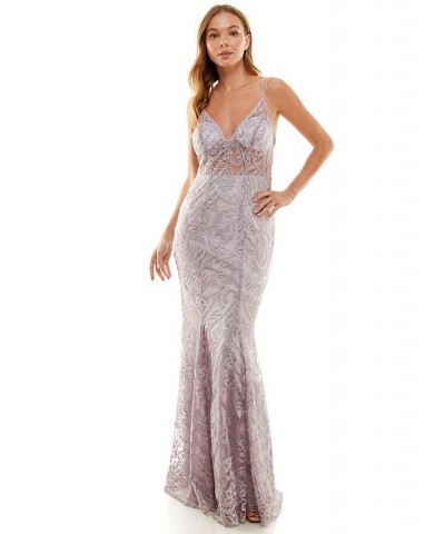 Juniors' Embroidered V-Neck Illusion Gown Mauve/Lavender $44.00 Dresses