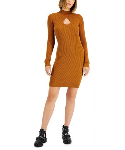 Juniors' Ribbed Mock-Neck Cutout Sweater Dress Brown $16.19 Dresses