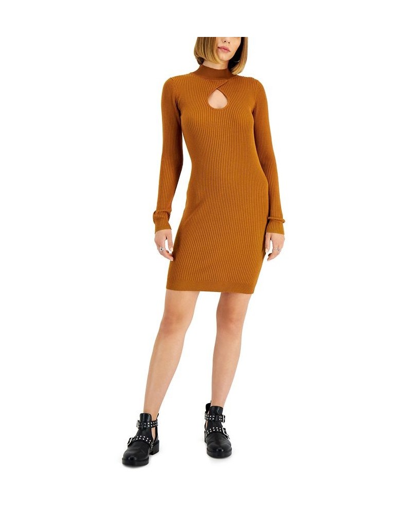 Juniors' Ribbed Mock-Neck Cutout Sweater Dress Brown $16.19 Dresses