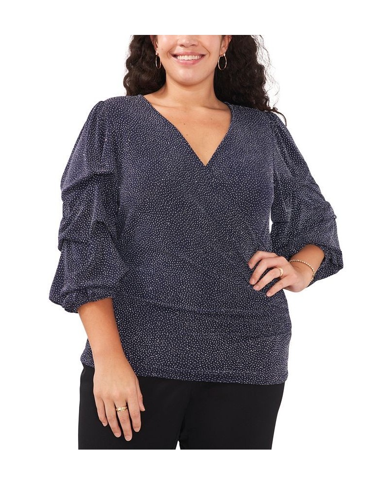 Plus Size Glitter-Knit Ruffled-Sleeve V-Neck Top Navy Silver $39.16 Tops