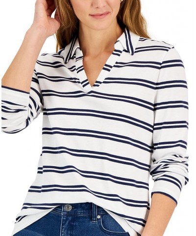 Petite Stripe Johnny-Collar Top White $11.75 Tops