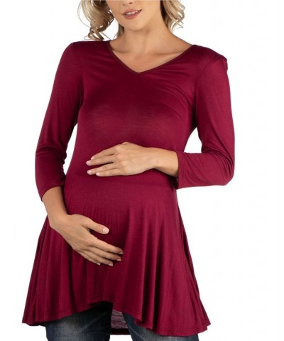 Three Quarter Sleeve V-Neck Maternity Tunic Top Burgundy $16.55 Tops