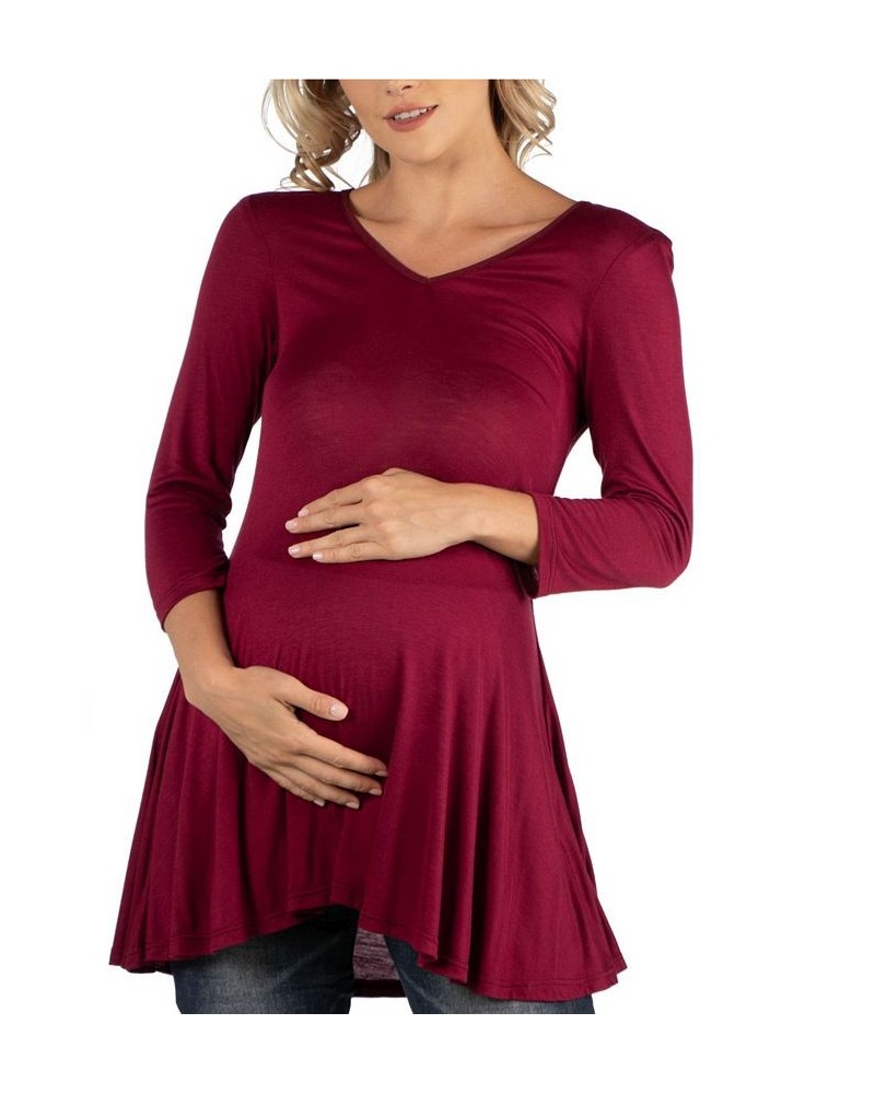 Three Quarter Sleeve V-Neck Maternity Tunic Top Burgundy $16.55 Tops