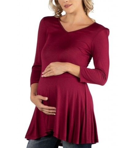 Three Quarter Sleeve V-Neck Maternity Tunic Top Burgundy $16.55 Tops