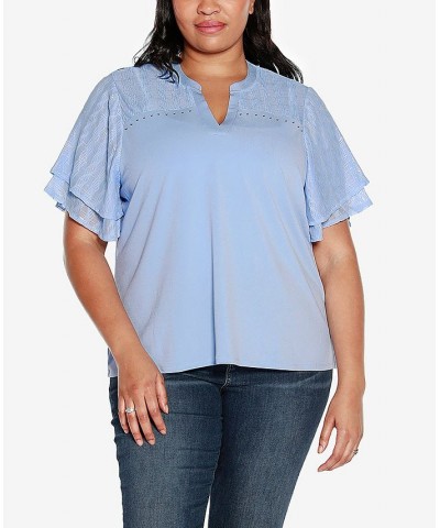 Black Label Plus Size Split Neck Mixed Media Top Blue $27.30 Tops