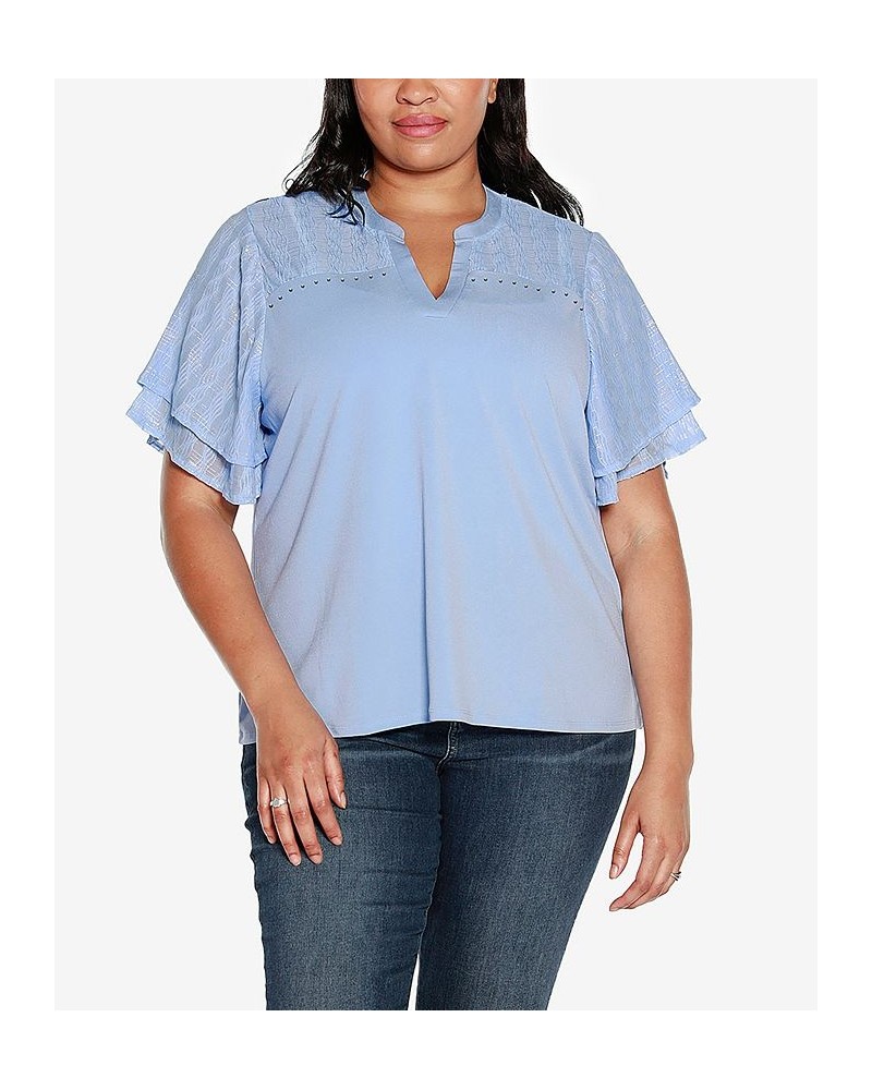 Black Label Plus Size Split Neck Mixed Media Top Blue $27.30 Tops