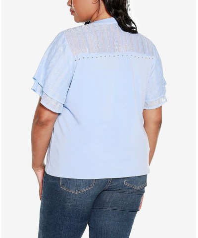 Black Label Plus Size Split Neck Mixed Media Top Blue $27.30 Tops