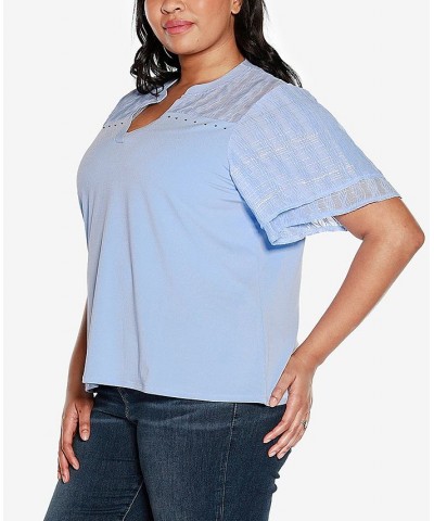 Black Label Plus Size Split Neck Mixed Media Top Blue $27.30 Tops