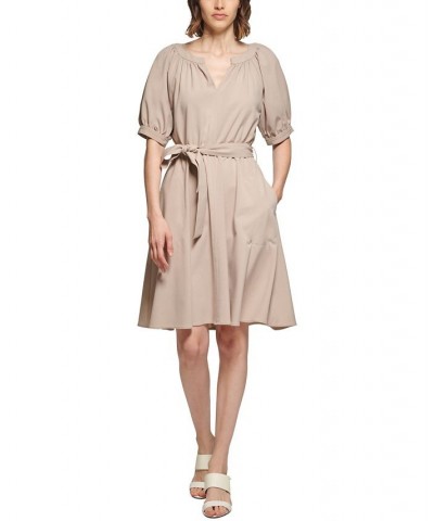 Puff-Sleeve Belted Dress Khaki $65.56 Dresses