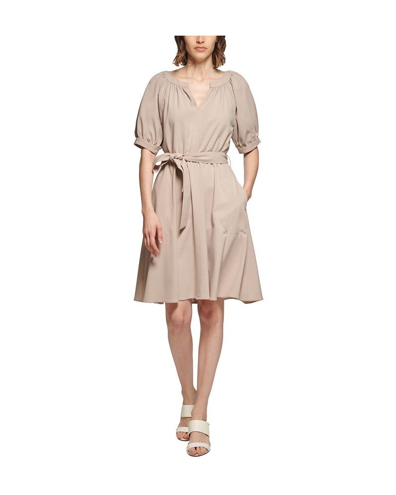 Puff-Sleeve Belted Dress Khaki $65.56 Dresses
