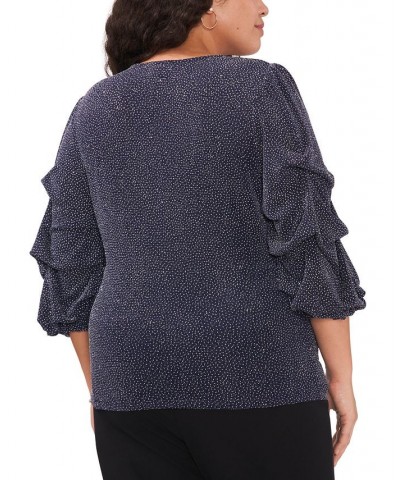Plus Size Glitter-Knit Ruffled-Sleeve V-Neck Top Navy Silver $39.16 Tops
