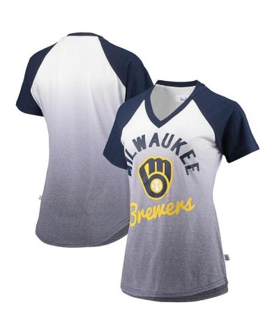 Women's Navy and White Milwaukee Brewers Shortstop Ombre Raglan V-Neck T-shirt Navy, White $35.99 Tops