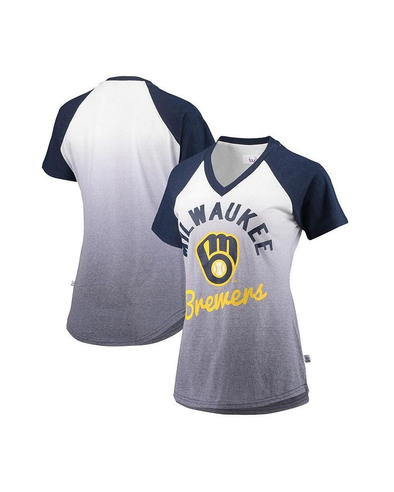 Women's Navy and White Milwaukee Brewers Shortstop Ombre Raglan V-Neck T-shirt Navy, White $35.99 Tops