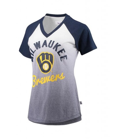 Women's Navy and White Milwaukee Brewers Shortstop Ombre Raglan V-Neck T-shirt Navy, White $35.99 Tops