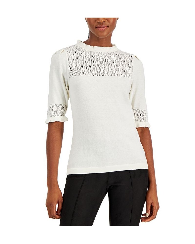 Women's Pointelle-Knit Ruffle-Trim Sweater Anne White $23.78 Sweaters