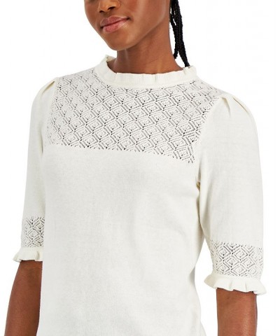 Women's Pointelle-Knit Ruffle-Trim Sweater Anne White $23.78 Sweaters