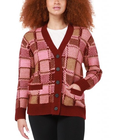 Women's Long Sleeve Windowpane Knit Cardigan Sweater Burgundy Windowpane $42.66 Sweaters