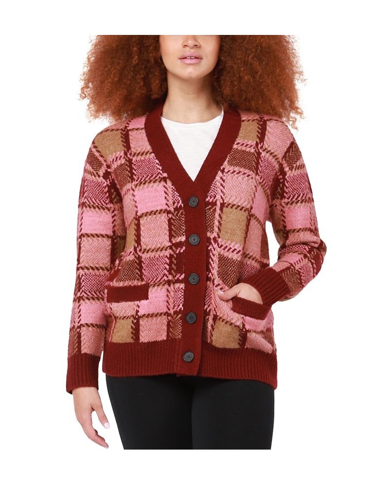 Women's Long Sleeve Windowpane Knit Cardigan Sweater Burgundy Windowpane $42.66 Sweaters