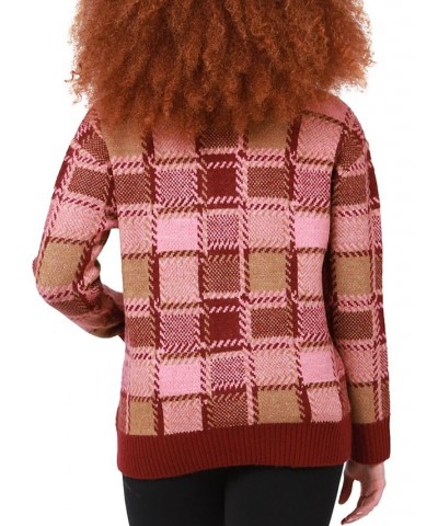 Women's Long Sleeve Windowpane Knit Cardigan Sweater Burgundy Windowpane $42.66 Sweaters