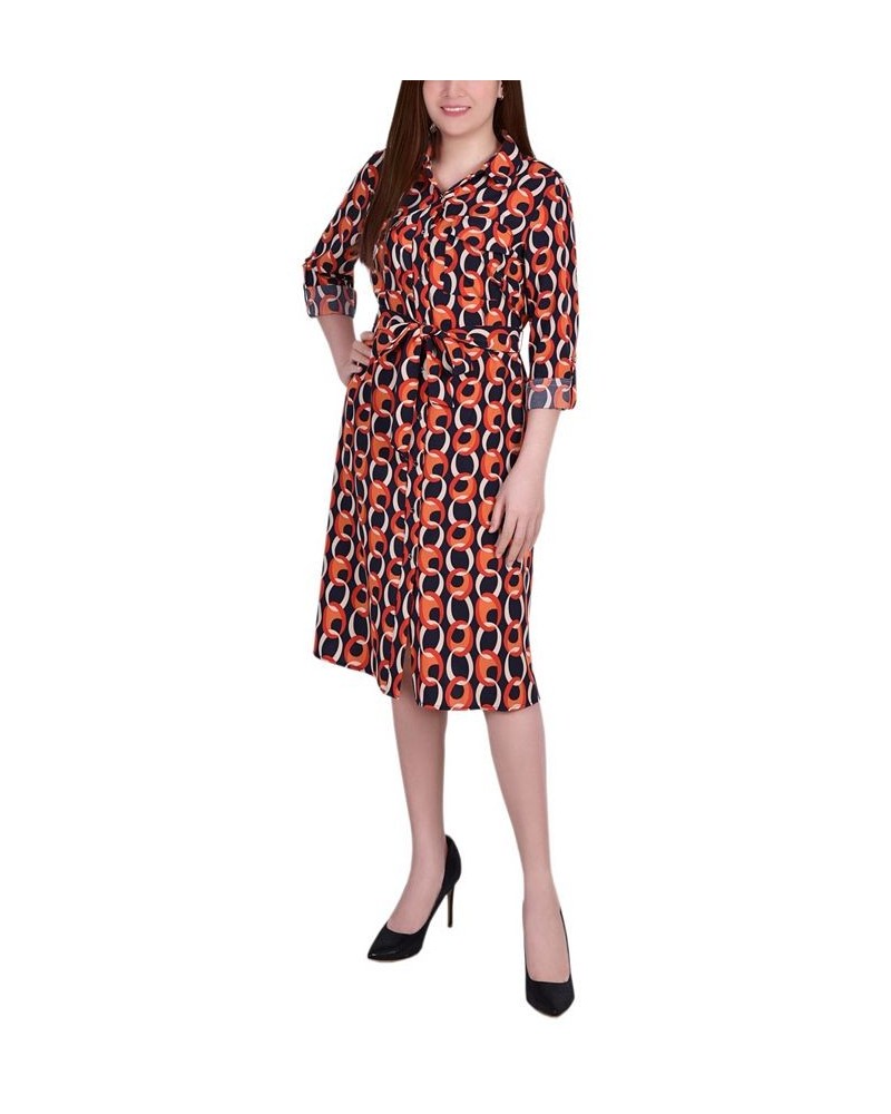 Petite Printed Long Sleeve Roll Tab Shirtdress Black Red Circle Chain $20.72 Dresses