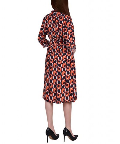 Petite Printed Long Sleeve Roll Tab Shirtdress Black Red Circle Chain $20.72 Dresses