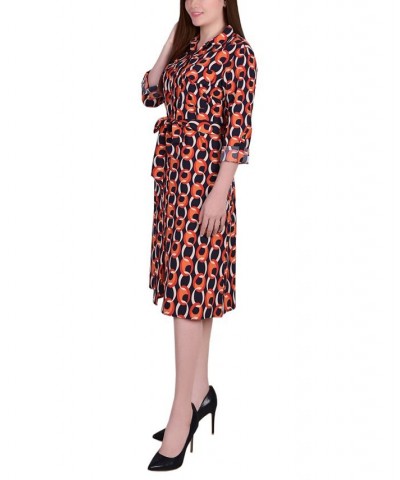 Petite Printed Long Sleeve Roll Tab Shirtdress Black Red Circle Chain $20.72 Dresses