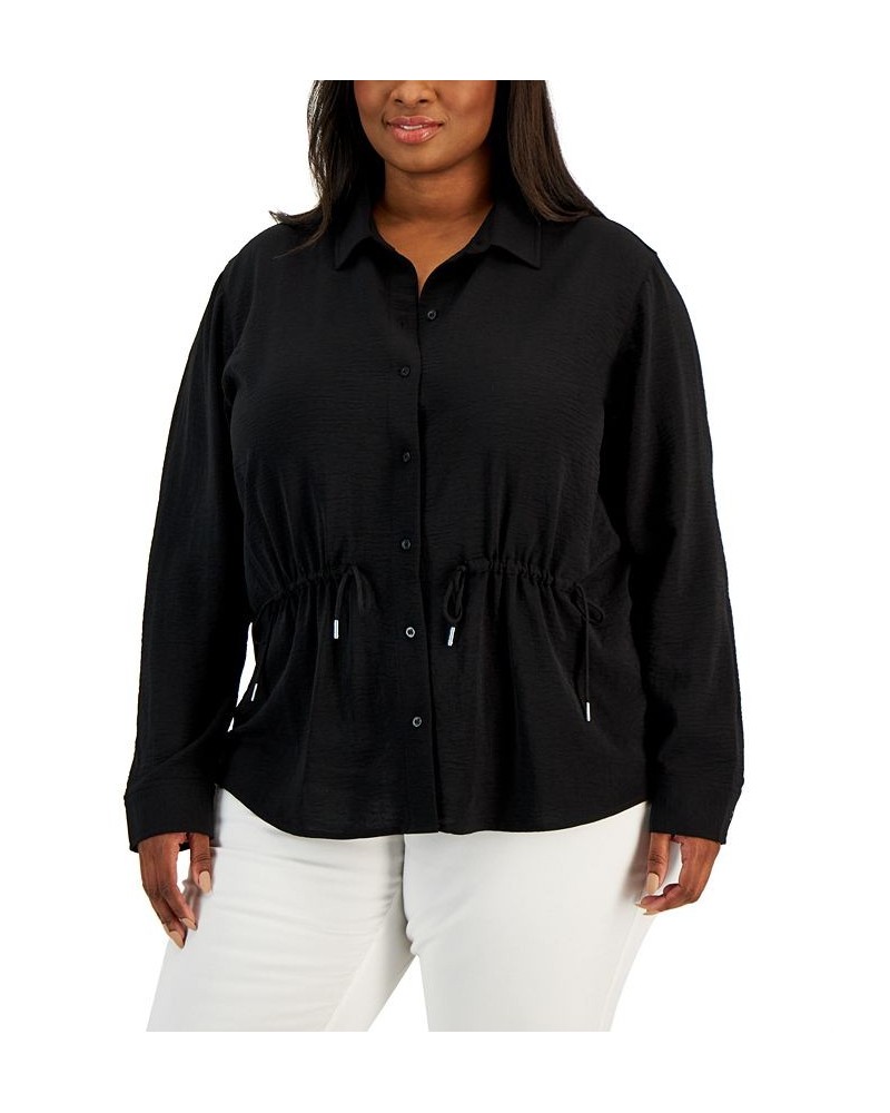 Plus Size Drawstring-Waist Button-Front Top Black $26.75 Tops