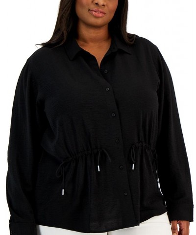 Plus Size Drawstring-Waist Button-Front Top Black $26.75 Tops