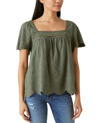 Women's Embroidered Scalloped-Edge Top Green $53.73 Tops