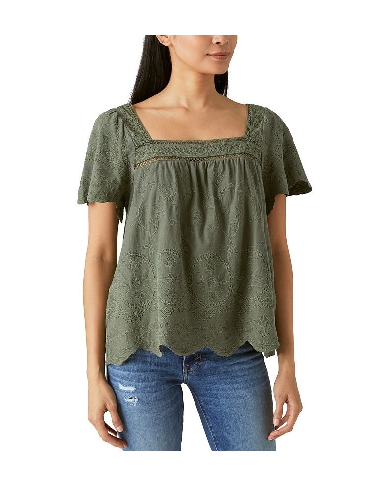 Women's Embroidered Scalloped-Edge Top Green $53.73 Tops