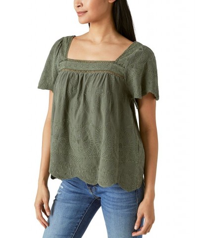 Women's Embroidered Scalloped-Edge Top Green $53.73 Tops