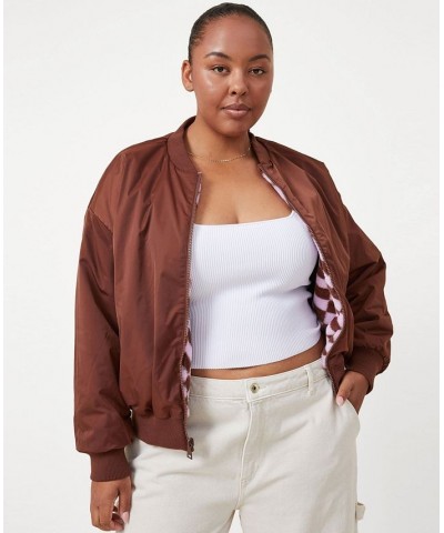 Plus Size Trendy Reversible Plush Bomber Jacket Soft Brown Vibrant $18.86 Jackets