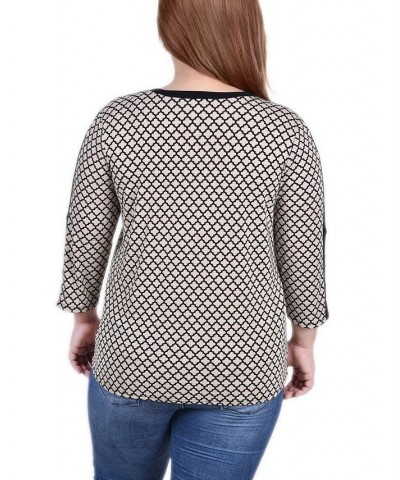 Plus Size 3/4 Sleeve Top with Combo Bands and Grommets Doeskin Quatrefoil $11.68 Tops