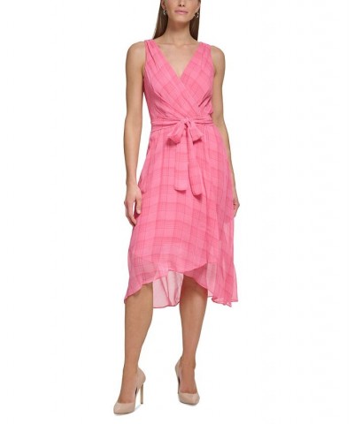 Women's Plaid V-Neck Belted Midi Dress Bubblegum $69.50 Dresses