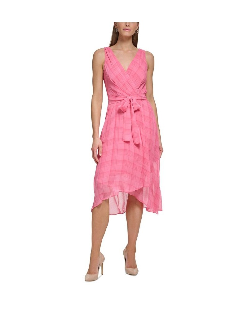 Women's Plaid V-Neck Belted Midi Dress Bubblegum $69.50 Dresses