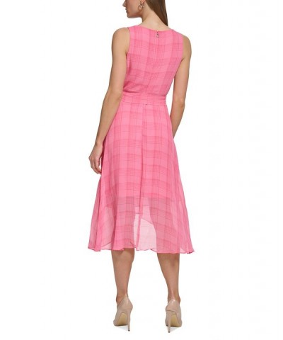 Women's Plaid V-Neck Belted Midi Dress Bubblegum $69.50 Dresses