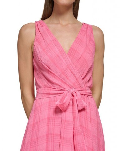 Women's Plaid V-Neck Belted Midi Dress Bubblegum $69.50 Dresses