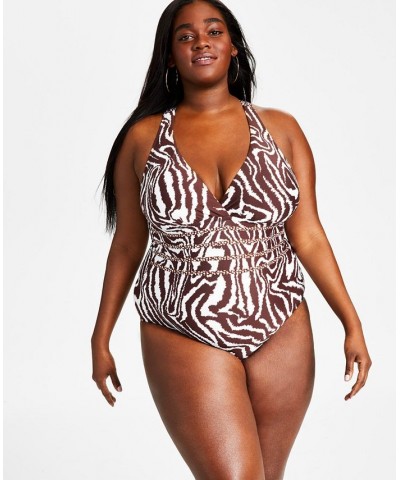 Plus Size Fierce Lines X-Back One-Piece Swimsuit Zebra Print/Java $68.60 Swimsuits