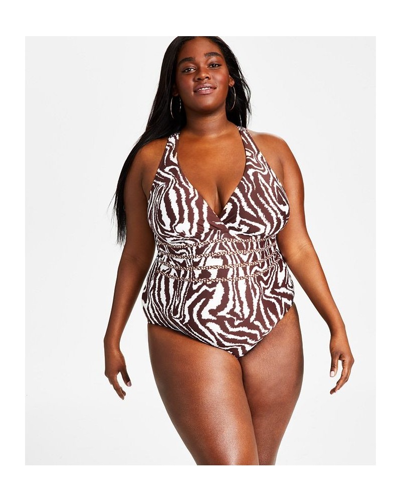 Plus Size Fierce Lines X-Back One-Piece Swimsuit Zebra Print/Java $68.60 Swimsuits