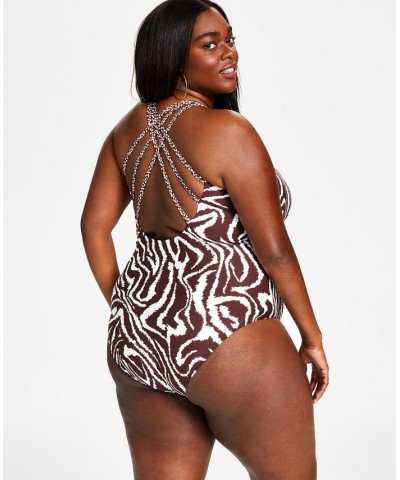 Plus Size Fierce Lines X-Back One-Piece Swimsuit Zebra Print/Java $68.60 Swimsuits