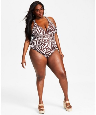 Plus Size Fierce Lines X-Back One-Piece Swimsuit Zebra Print/Java $68.60 Swimsuits