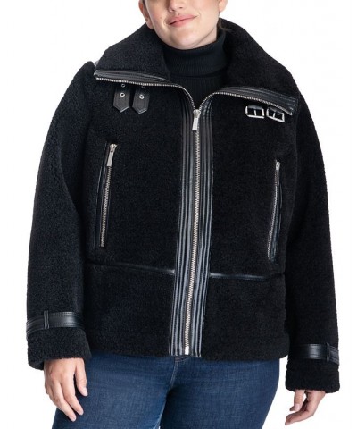 Women's Plus Size Faux-Shearling Moto Coat Black $99.20 Coats