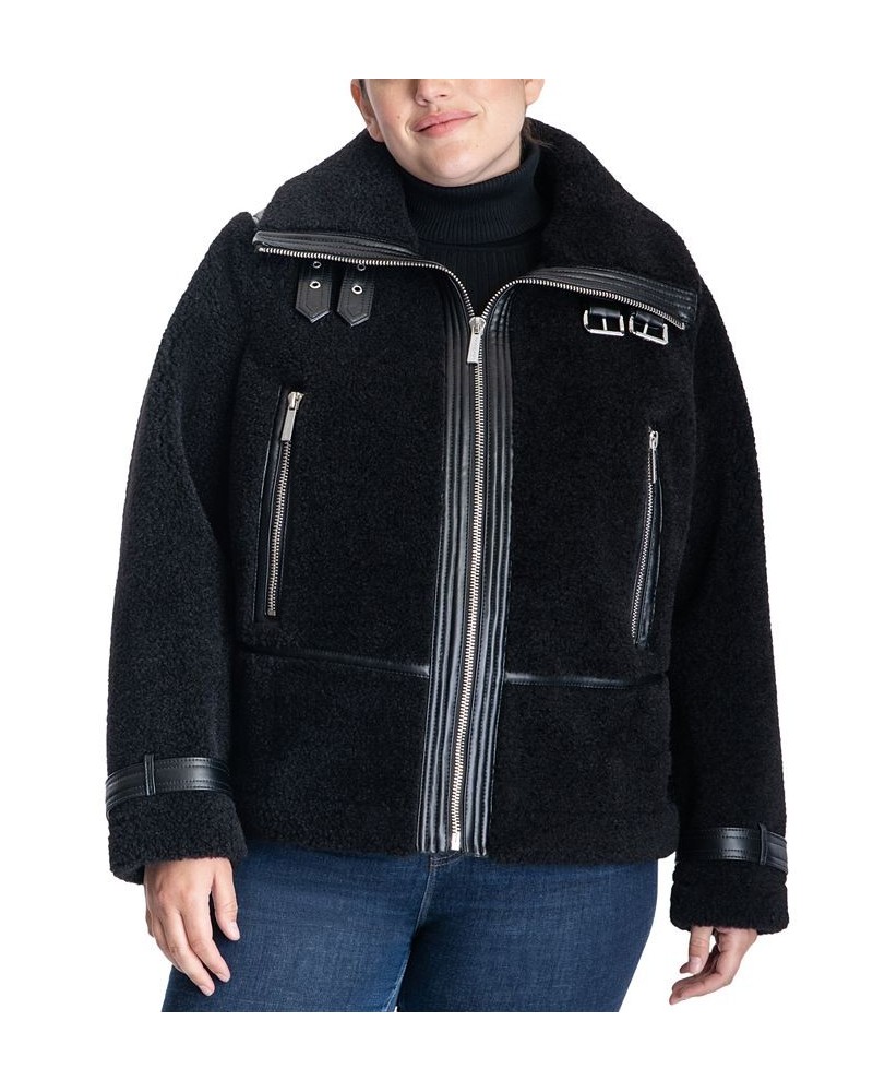 Women's Plus Size Faux-Shearling Moto Coat Black $99.20 Coats